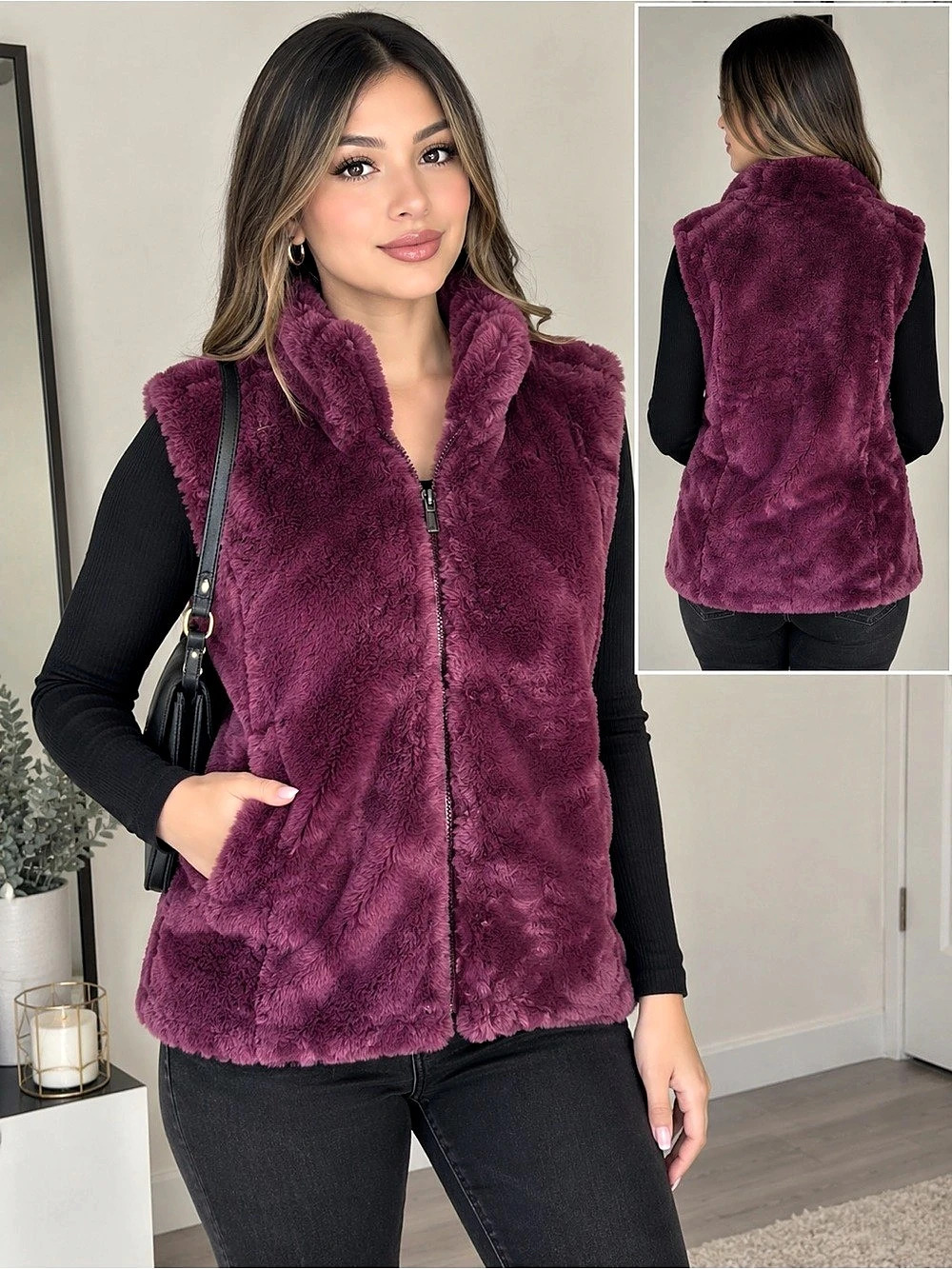 Nicole Miller Reversible Vest Reversible Faux Fur Vest in burdeos Size Medium